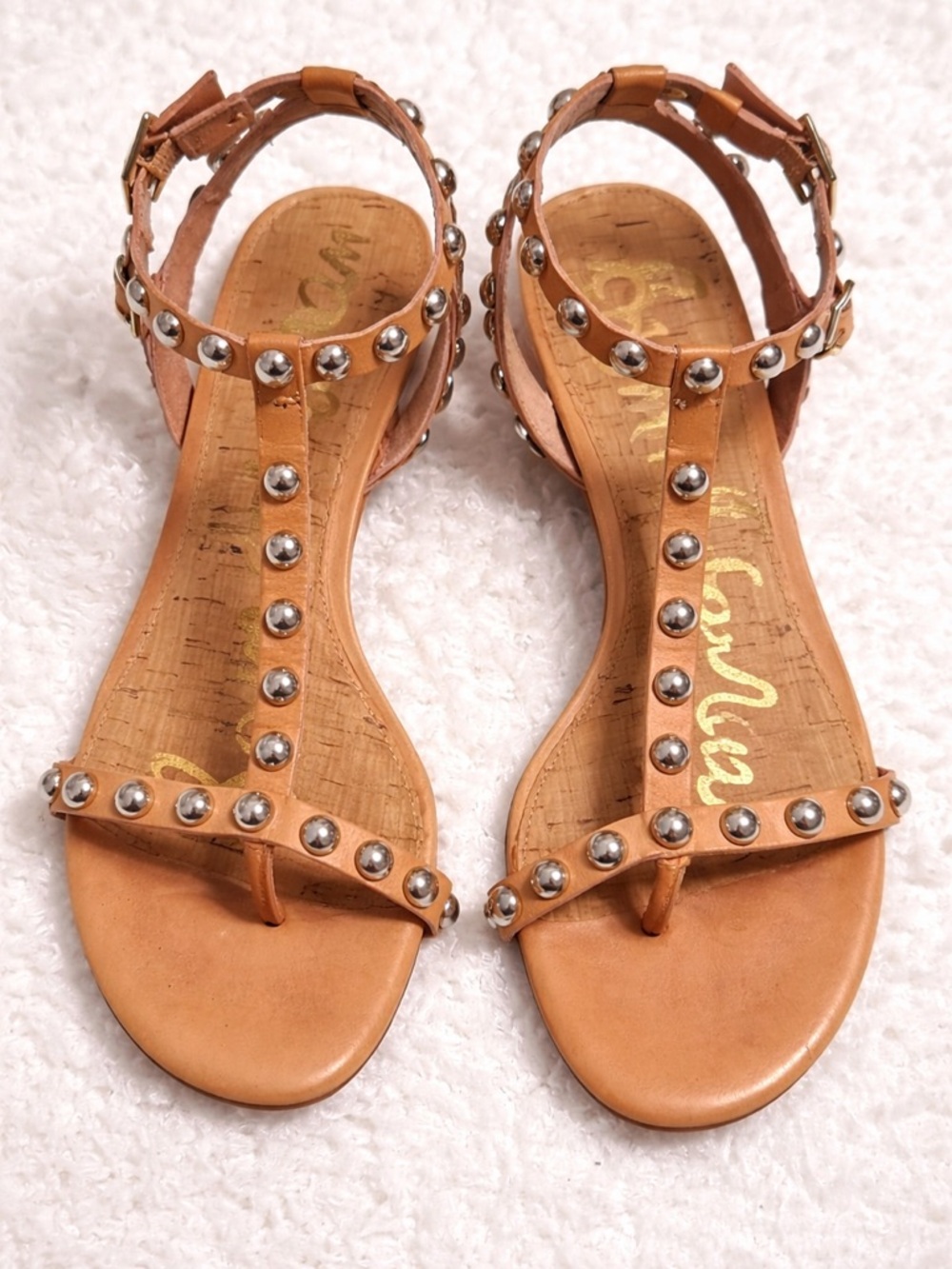Sam Edelman Tan Studded T-Strap Sandals Block Heel Leather - Picture 3 of 11